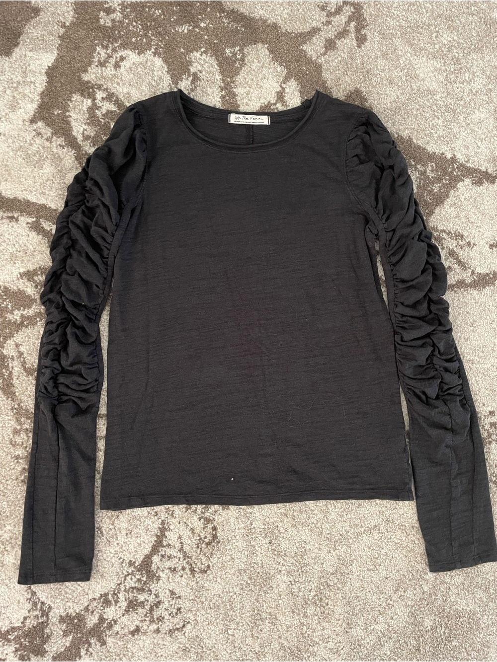 Free People We The Free Shirt Womens Medium Black Ruched Puff Sleeve Jersey Top